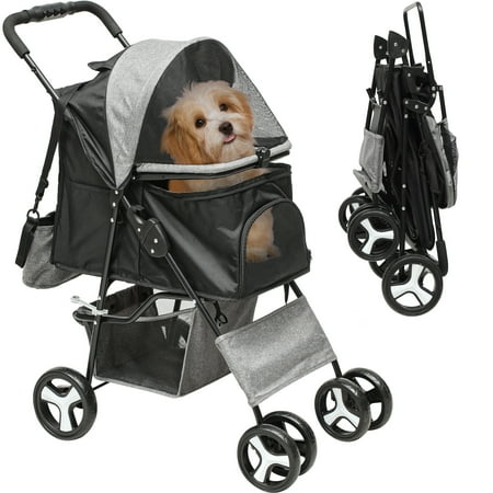 Dextrus Dog Stroller for Medium Small Dogs, Foldable Pet Stroller with 360° Rotation Wheel, Cat Kitty Puppy Stroller with Storage Basket (Gray Black Mix)