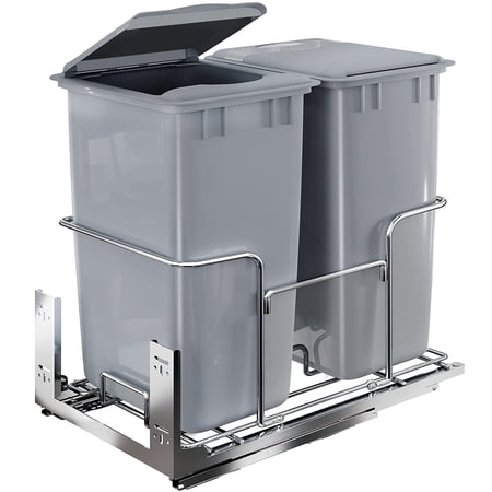 Dextrus Double 43 Quart Pull-Out Trash Can Recycling Bin with Lid, Sliding Waste Garbage Container with Silent Slides, Gray