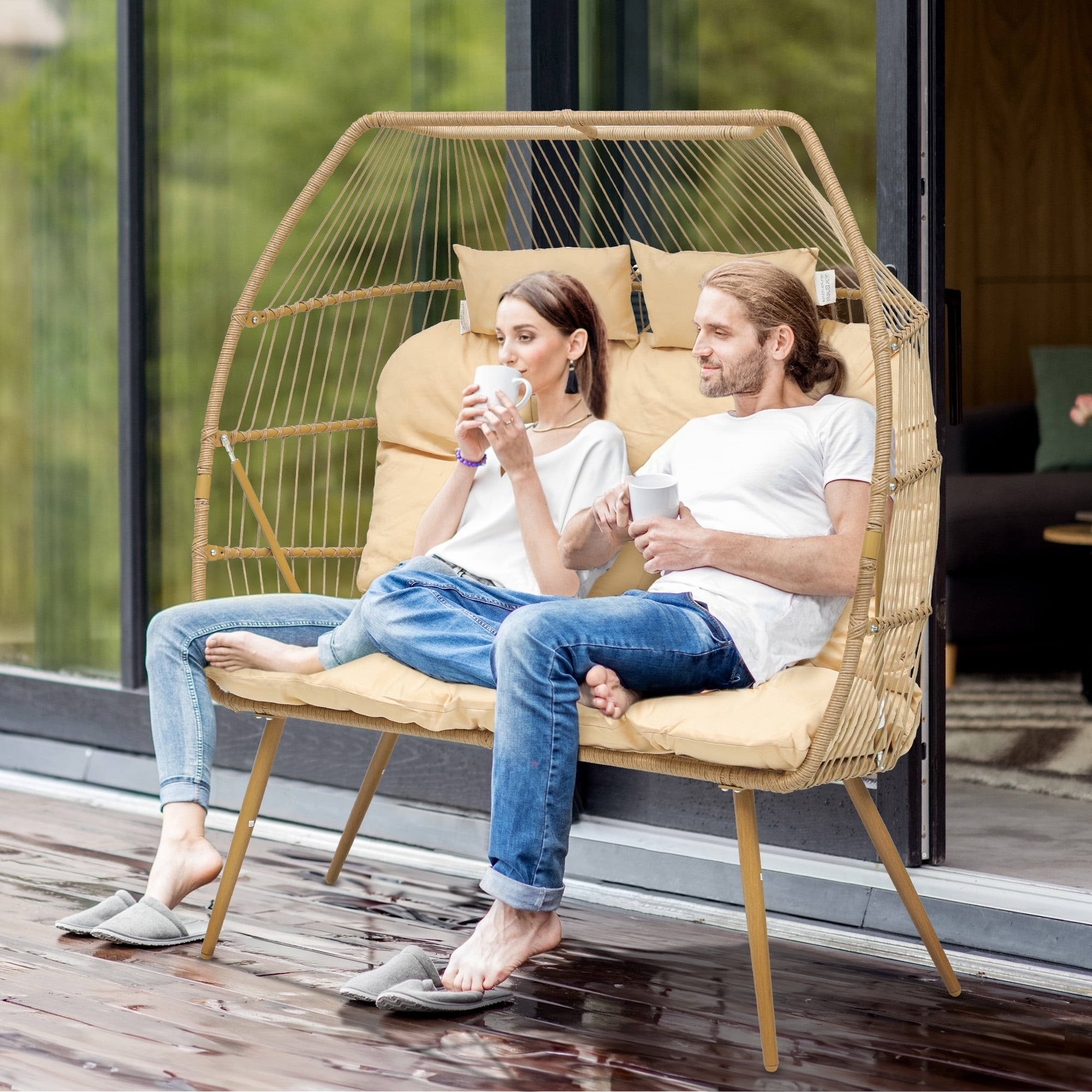 Dextrus Double Egg Chair with Legs 2 Person Wicker Egg Chair Indoor Outdoor Patio Egg Chair with Cushions 510lbs for Patio, Bedroom, Garden and Balcony, Beige