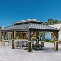 Dextrus Double Roof Gazebo with Hardtop,Outdoor Gazebo with Netting&Curtains, Heavy Duty Upgraded Aluminum Column Galvanized Steel Vertical Stripes Roof, Ideal for Patio, Backyard - 12x18ft, Brown