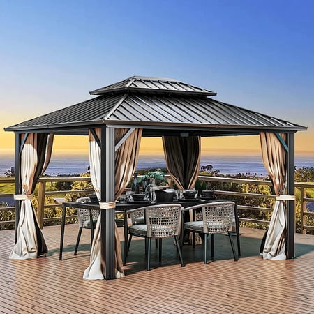 Dextrus Double Roof Hardtop Gazebo, Heavy Duty Gazebo with Netting and Curtains, Outdoor Galvanized Steel Vertical Stripes Roof for Patio, Backyard, Deck, Lawns-10x12ft, Brown