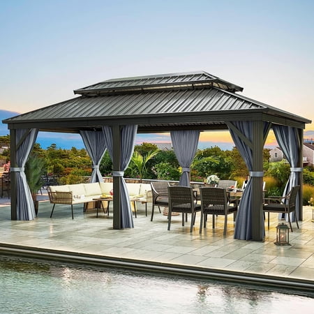 Dextrus Double Roof Hardtop Gazebo, Heavy Duty Hardtop with Netting and Curtains, Outdoor Galvanized Steel Combined of Vertical Stripes Roof for Patio, Backyard, Deck, Lawns-12x18ft, Gray