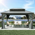 thumbnail image 1 of Dextrus Double Roof Hardtop Gazebo, Heavy Duty Hardtop with Netting and Curtains, Outdoor Galvanized Steel Combined of Vertical Stripes Roof for Patio, Backyard, Deck, Lawns-12x20ft, Gray, 1 of 5