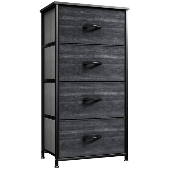 Dextrus 4 Drawers Fabric Storage Dresser with Sturdy Steel Frame, Wooden Top & Easy Pull for Bedroom, Hallway, Closets, Charcoal Black Wood Grain