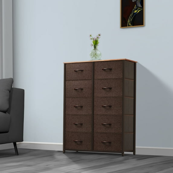 DEXTRUS 10-Drawer Fabric Dresser for Adults, Storage Tower with Wooden Top and Front, Brown