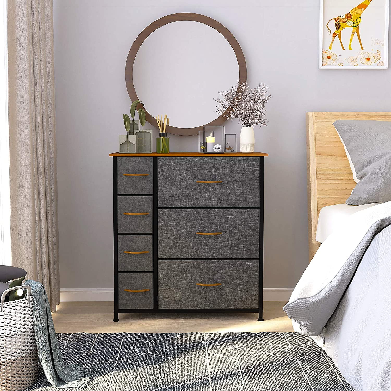 Dextrus 7 Drawers Storage Organizer Wooden Top Shelf for Hallway, Black  Grey 