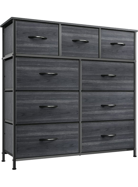 Dextrus Dresser with 9 Drawers - Organizer Unit for Living Room, Hallway, Closets & Nursery, Charcoal Black Wood Grain
