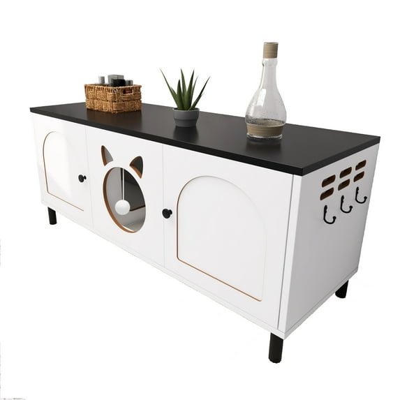 Dextrus Dual-Room Wooden Cat Litter Box Enclosure,Litter Box Furniture for 2 Cats,with Scratching Pad&Hanging Hooks, 47.2"L x 17.7"W x 20.4"H,White &Top Black