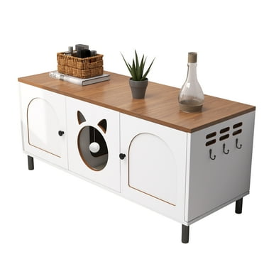 Dextrus Dual-Room Wooden Cat Litter Box Enclosure,Litter Box Furniture for 2 Cats,with Scratching Pad&Hanging Hooks, 47.2"L x 17.7"W x 20.4"H,White &Top Rustic Brown