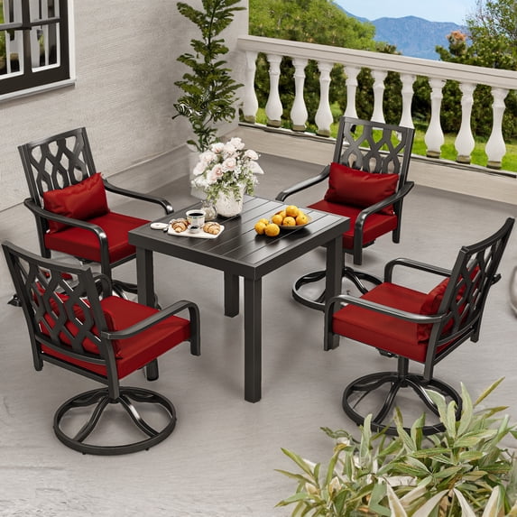 Dextrus Durable 5-Piece Swivel Metal Patio Dining Set, Black Aluminum Table with Cushioned Chairs