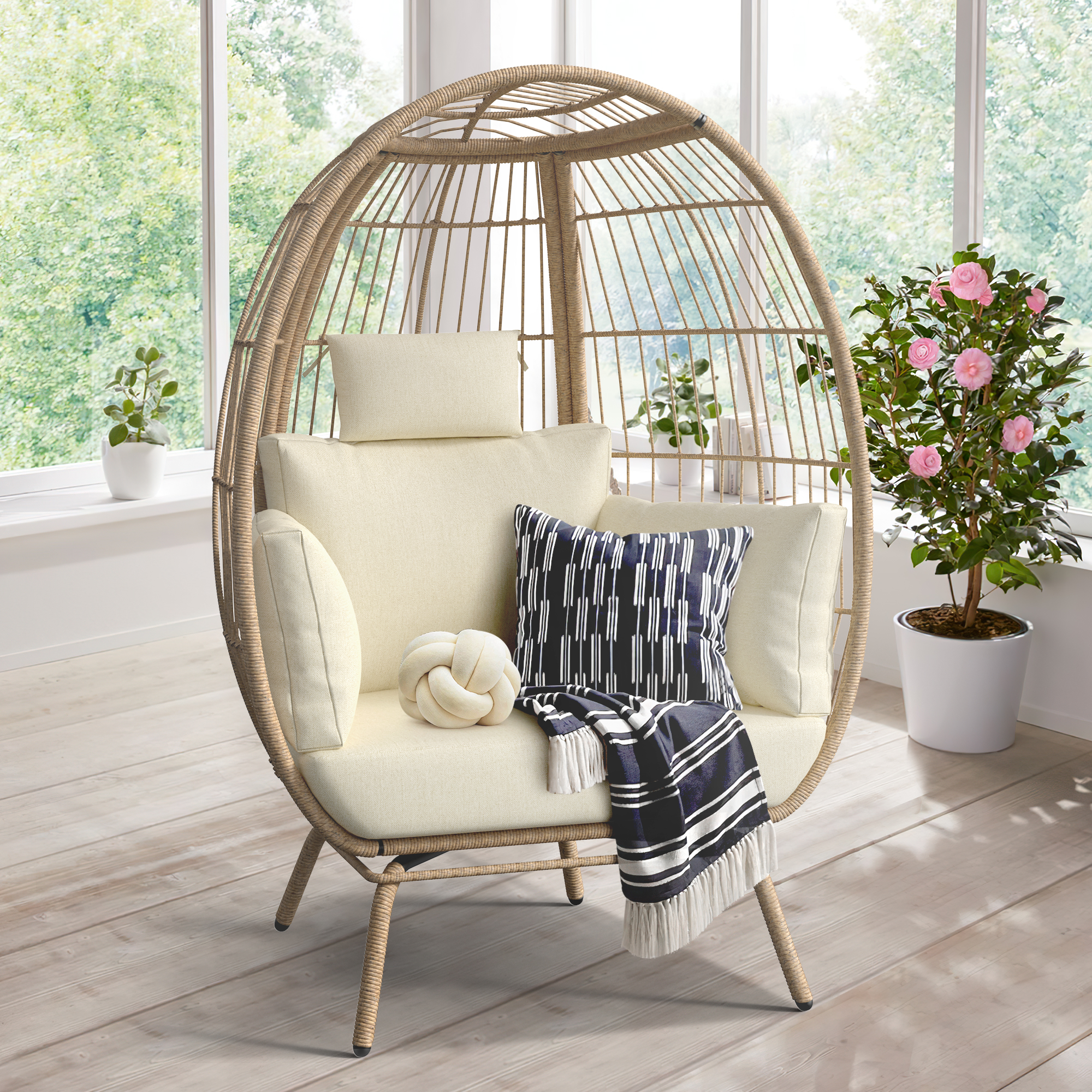 Dextrus Egg Chair, 385lbs Capacity Large Wicker Outdoor Indoor Egg Chairs with Stand Cushion Egg Basket Chair - Beige