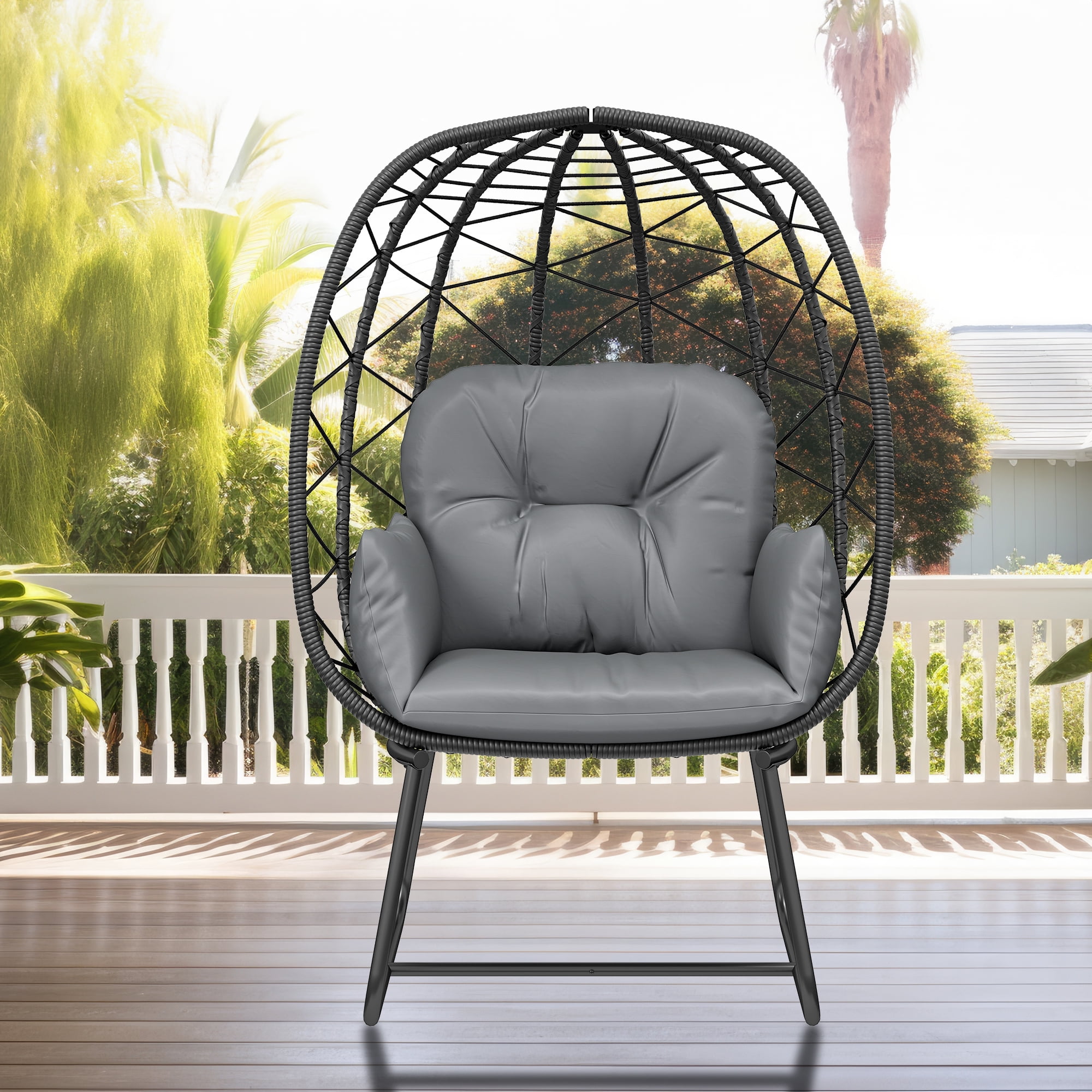 Dextrus Egg Chair with Stand Outdoor Indoor Egg Lounge Chair with Cushion Wicker Chair PE Rattan