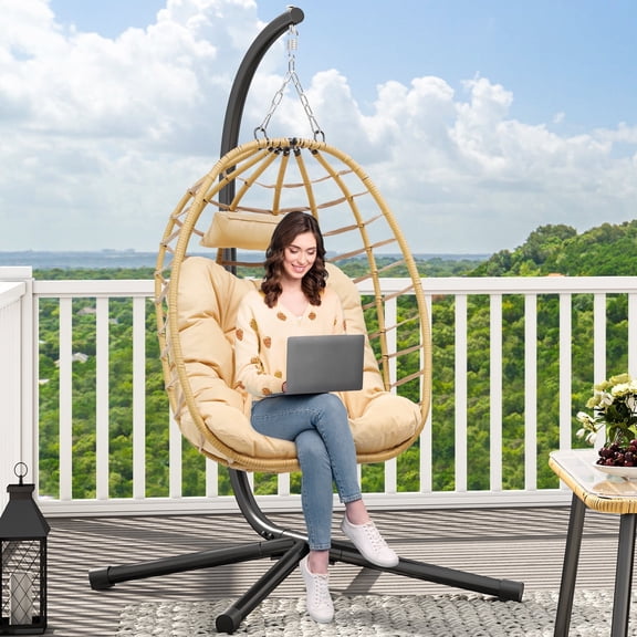 Dextrus Outdoor Wicker Egg Hammock Chairs Indoor with Steel Stand for Patio, Bedroom, Garden and Balcony, Beige