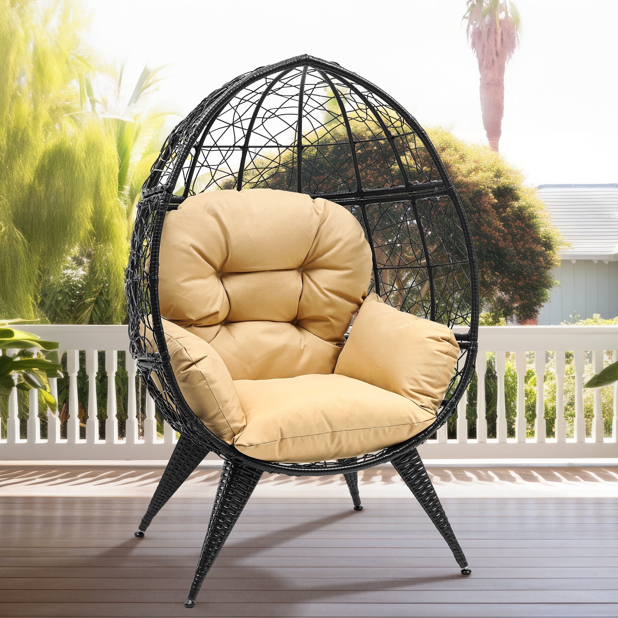 Dextrus Egg Chair Wicker Outdoor Indoor Oversized Large Lounger with Stand Cushion Egg Basket Chair 350lbs Capacity for Patio Garden Backyard