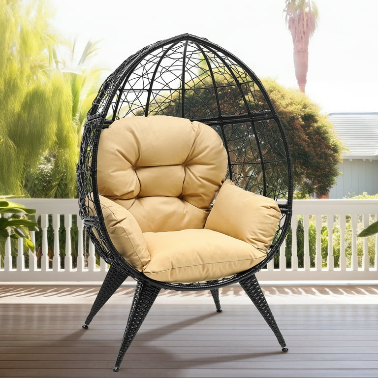 Dextrus Egg Chair Wicker Outdoor Indoor Oversized Large Lounger with Stand Cushion Egg Basket Chair 350lbs Capacity for Patio Garden Backyard