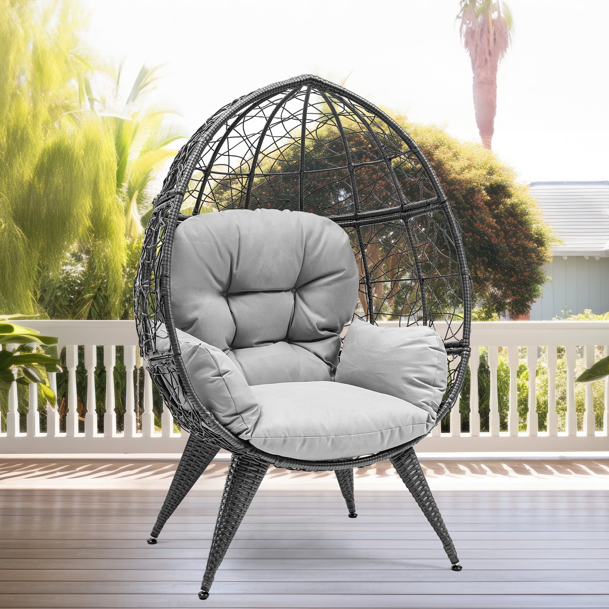 Gray Wicker Egg Chair with Cushions and Iron Frame
