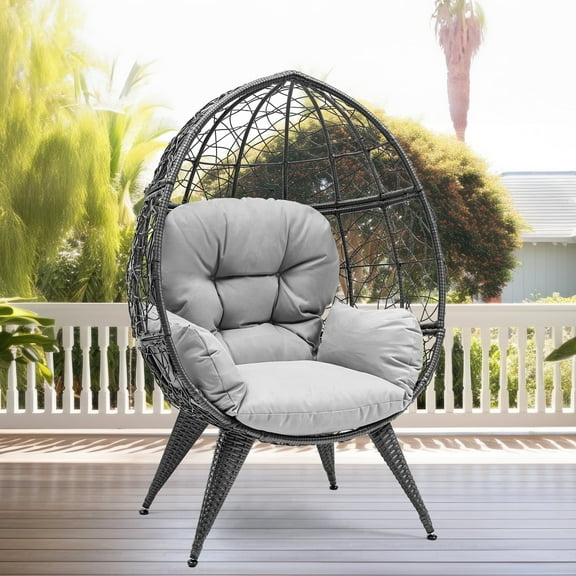 Dextrus Egg Chair Wicker Outdoor Indoor Oversized Large Lounger with Stand Cushion Egg Basket Chair 350lbs Capacity for Patio, Garden, Backyard, Balcony-Grey