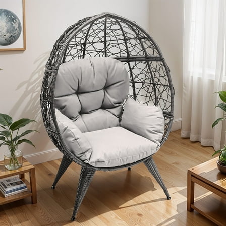 Dextrus Egg Chair Wicker Outdoor Indoor Oversized Large Lounger with Stand Cushion Egg Basket Chair 350lbs Capacity for Patio,Garden, Backyard,Balcony-Grey