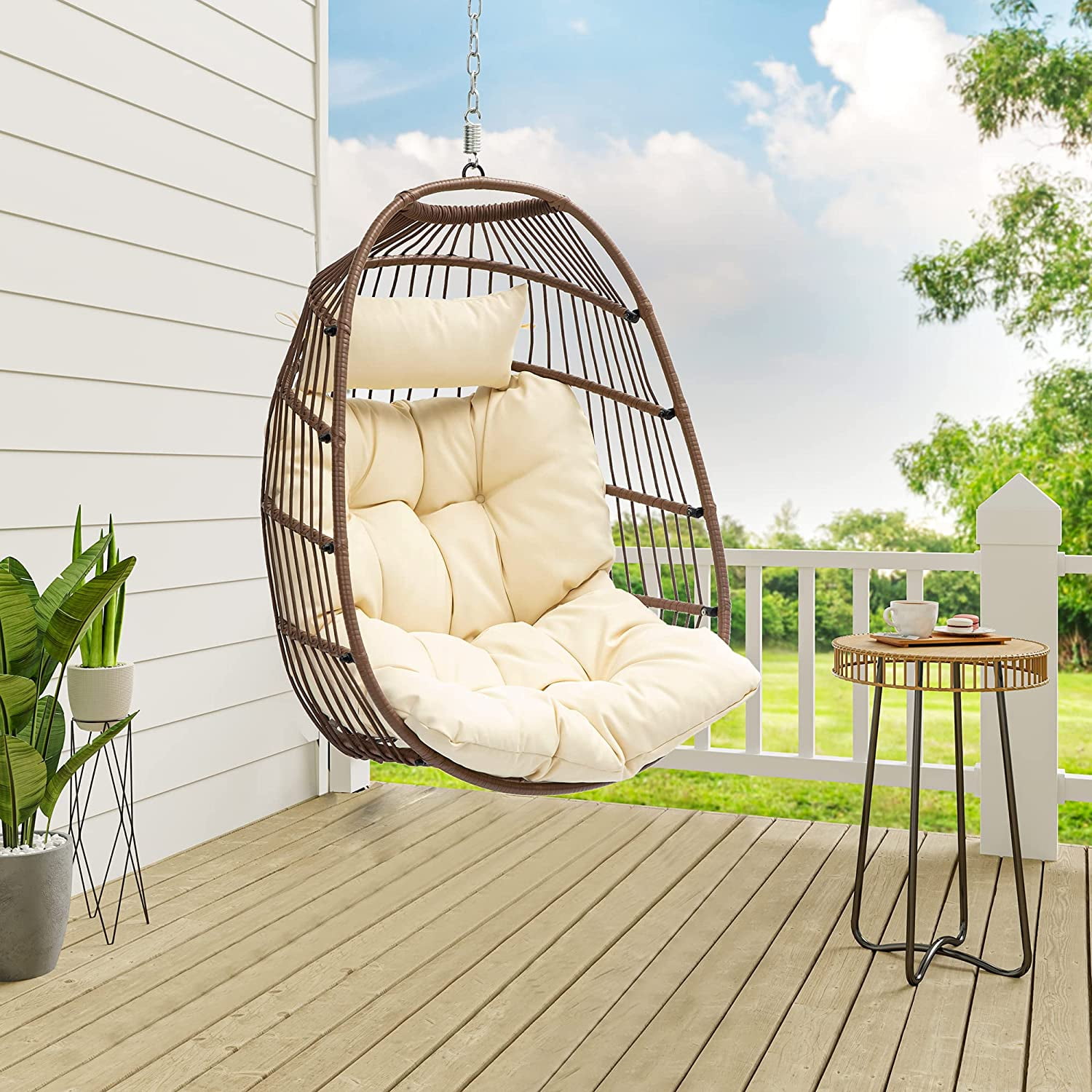 Dextrus Egg Lounge Chair Egg Chair with Stand Cushioned Wicker PE Rattan Seat Perfect for Patio Garden Backyard Porch Beige