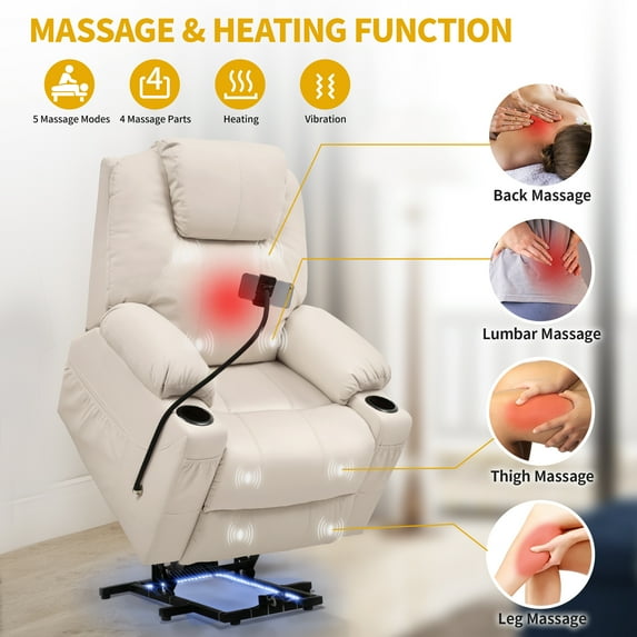 Dextrus Electric Power Lift Recliner, Massage Sofa with Lumbar Heating, Phone Holder, LED Lighting, Storage Pockets and USB Ports - White