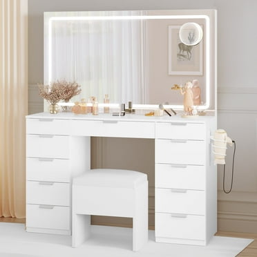 Dextrus Elegant Vanity Desk Set with Large LED Mirror & Power Outlet - Makeup Vanity with 11 Drawers and Magnifying Glass, 46" Vanity with Storage Bench for Bedroom, White