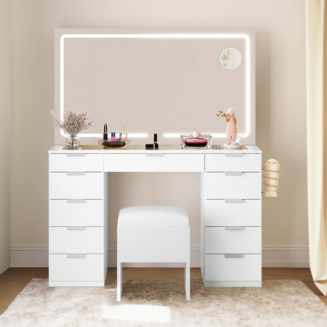 Dextrus Elegant White Vanity Desk Set with LED Lighted Mirror and Glass