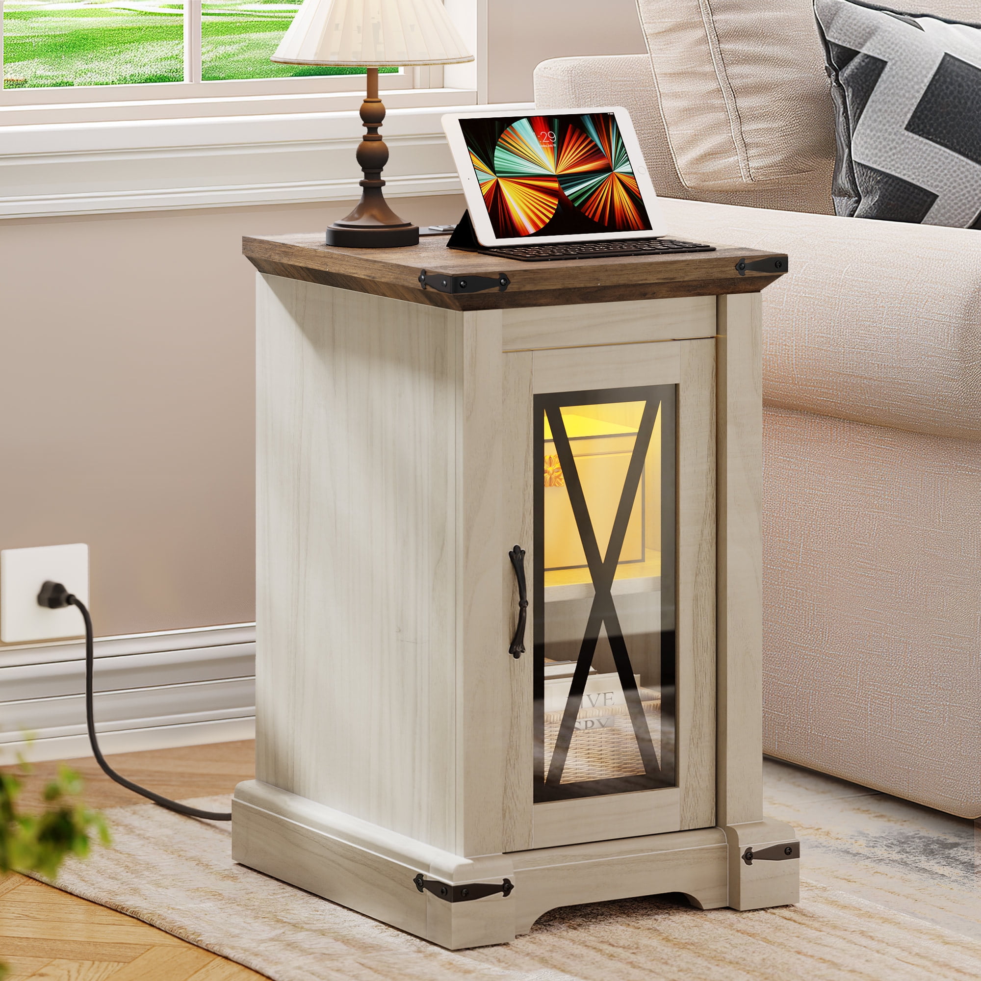 Dextrus End Table with Charging Station and LED Lights Side Table Nightstand Bedside Table Farmhouse Storage Coffee Table for Living Room Bedroom Walnut Walmart