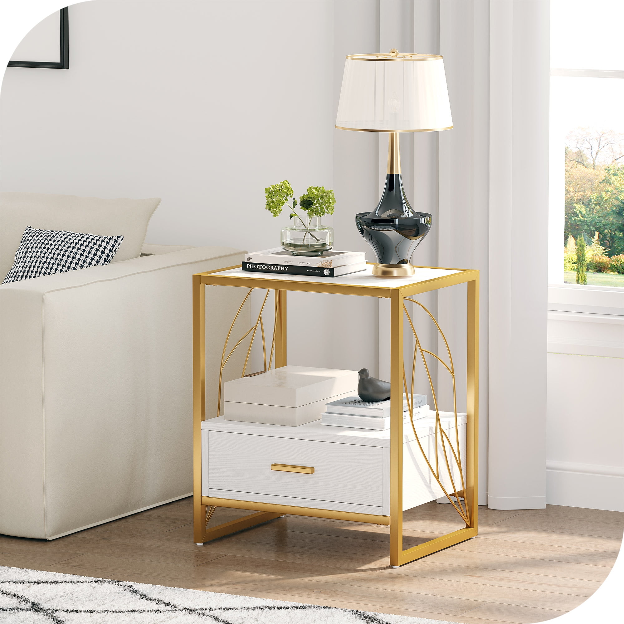 Dextrus End Table with Drawer and Storage Shelf, Modern Nightstand Table Sofa Side Table with Sintered Stone Tabletop and Metal Leaf Shaped Frame for Living Room, Bedroom, White and Gold