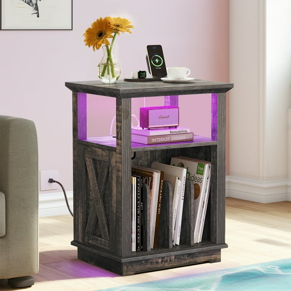 Dextrus End Table Nightstand with Charging Station, Record Player Stand Turntable Stand with LED Lights, Power Outlets Side Table for Living Room,Bedroom