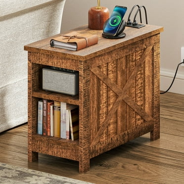 DEXTRUS End Table with Charging Station, Farmhouse Nightstad Side Table, Brown