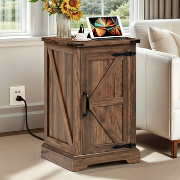 Dextrus End Table with Charging Station and Storage Shelf, Nightstand Side Table, Walnut