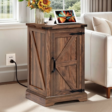 Dextrus End Table with Charging Station and Storage Shelf, Nightstand Side Table, Walnut