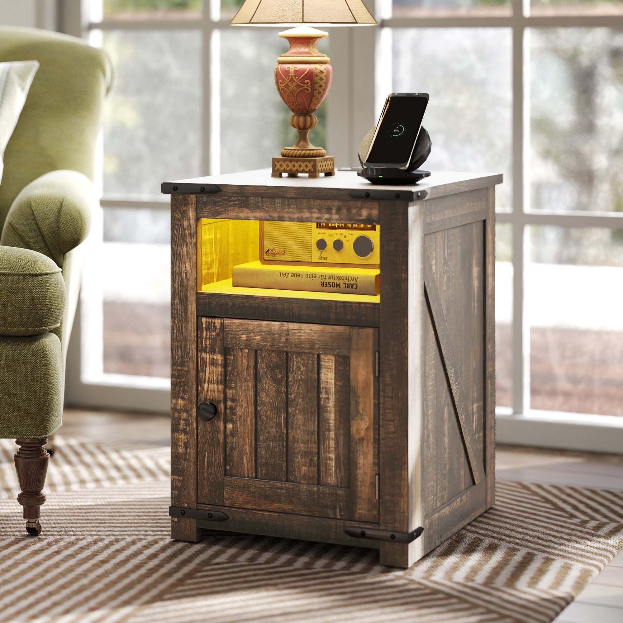 Dark Brown Rustic MDF Nightstand with LED Lights and Power Outlets