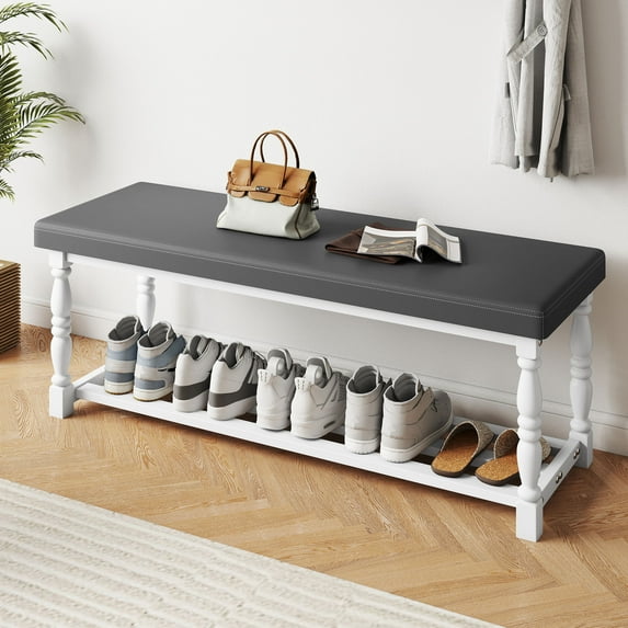 Dextrus Entryway Shoe Storage Bench for 6-7 Pairs of Shoes, 2-Tier Shoe Bench with Roman Style Legs for Hallway, Mudroom, Dressing Room, Gray & White