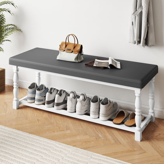Dextrus Entryway Shoe Storage Bench for 6-7 Pairs of Shoes, 2-Tier Shoe Bench with Roman Style Legs for Hallway, Mudroom, Dressing Room, Gray & White