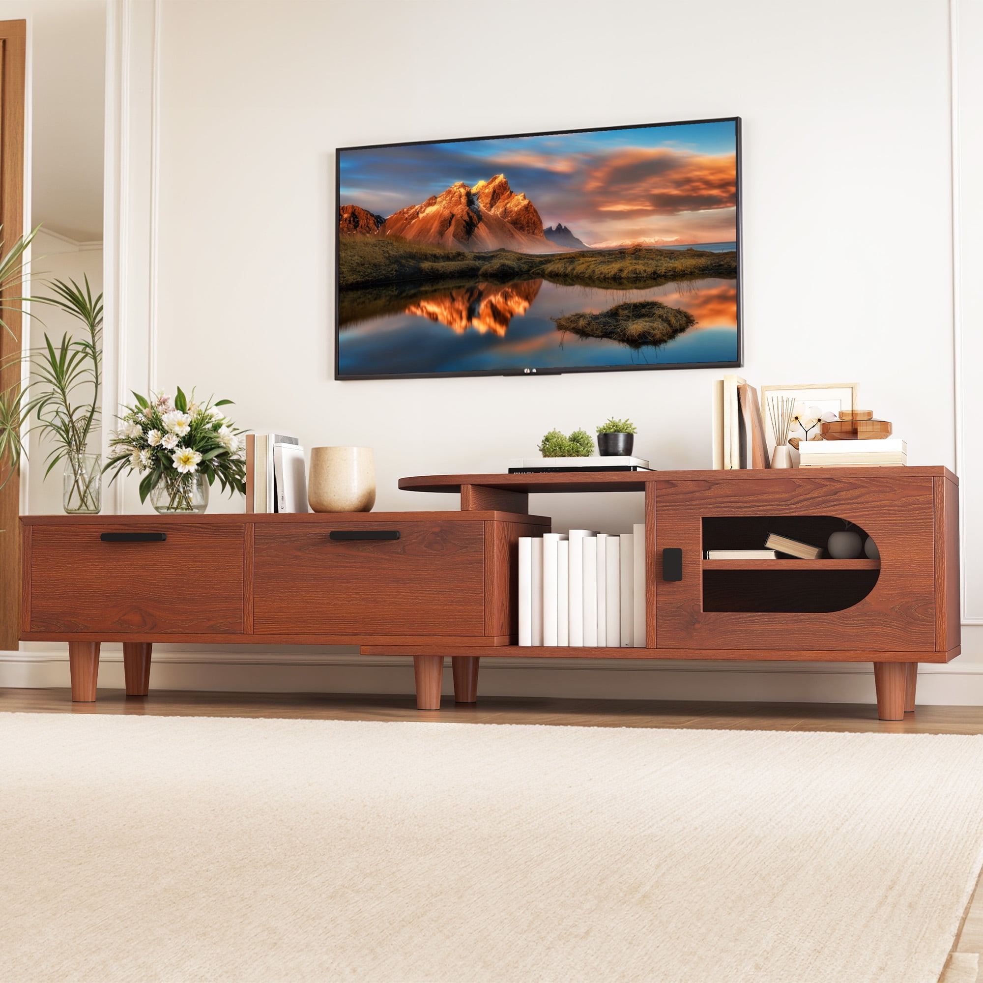 Dextrus Extendable TV Stand with 2 Drawers & Cabinet, Adjustable Corner Entertainment Center