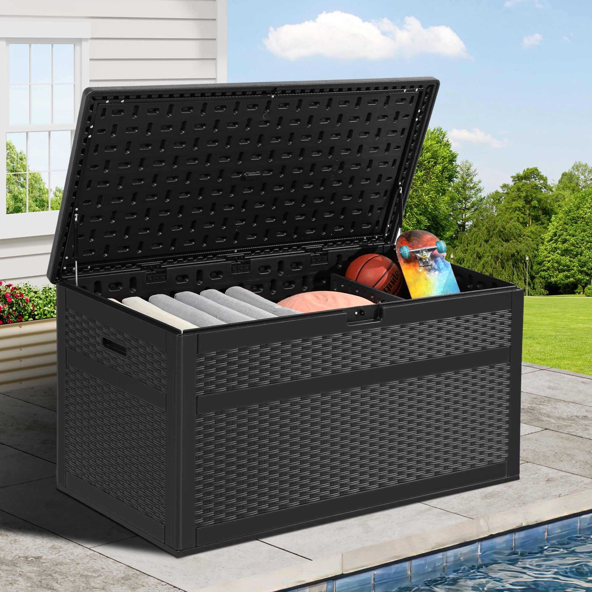 Dextrus Super-Sized 230 Gallon Outdoor Storage Deck Box for Patio  Furnishings, Outdoor Pillows, Yard Implements and Sports/Aquatic Gear,  Resistant to Weather, Lockable (Black) 