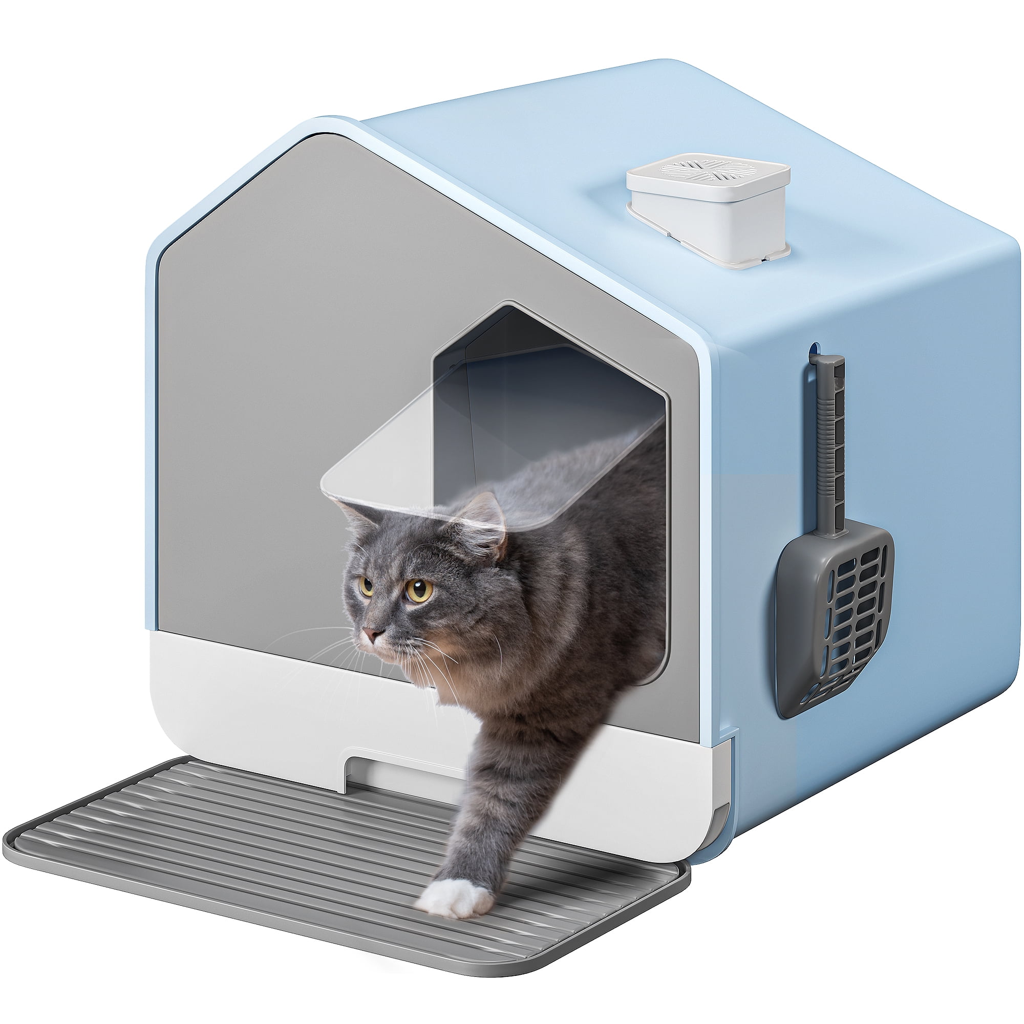 Dextrus Extra Large Enclosed Cat Litter Box with Mat, Scoop, Odor