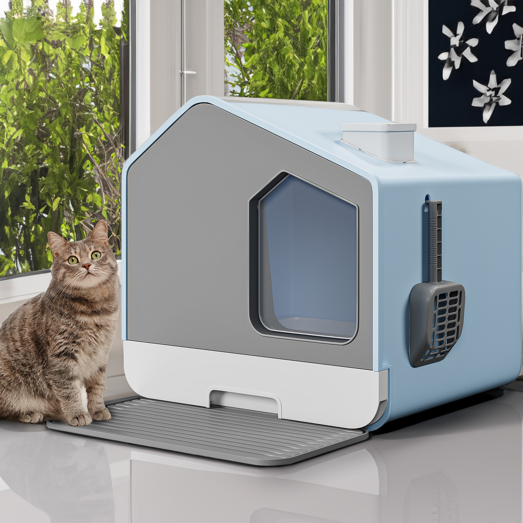 Dextrus Extra Large Enclosed Cat Litter Box with Odor Free Enclosed Hooded Easy to Clean with Mat and Scoop Blue Walmart