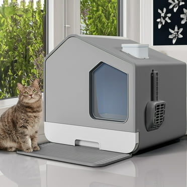 Dextrus Extra Large Hooded Cat Litter Box with Odor Control, Scoop, Mat, Easy to Clean, Gray
