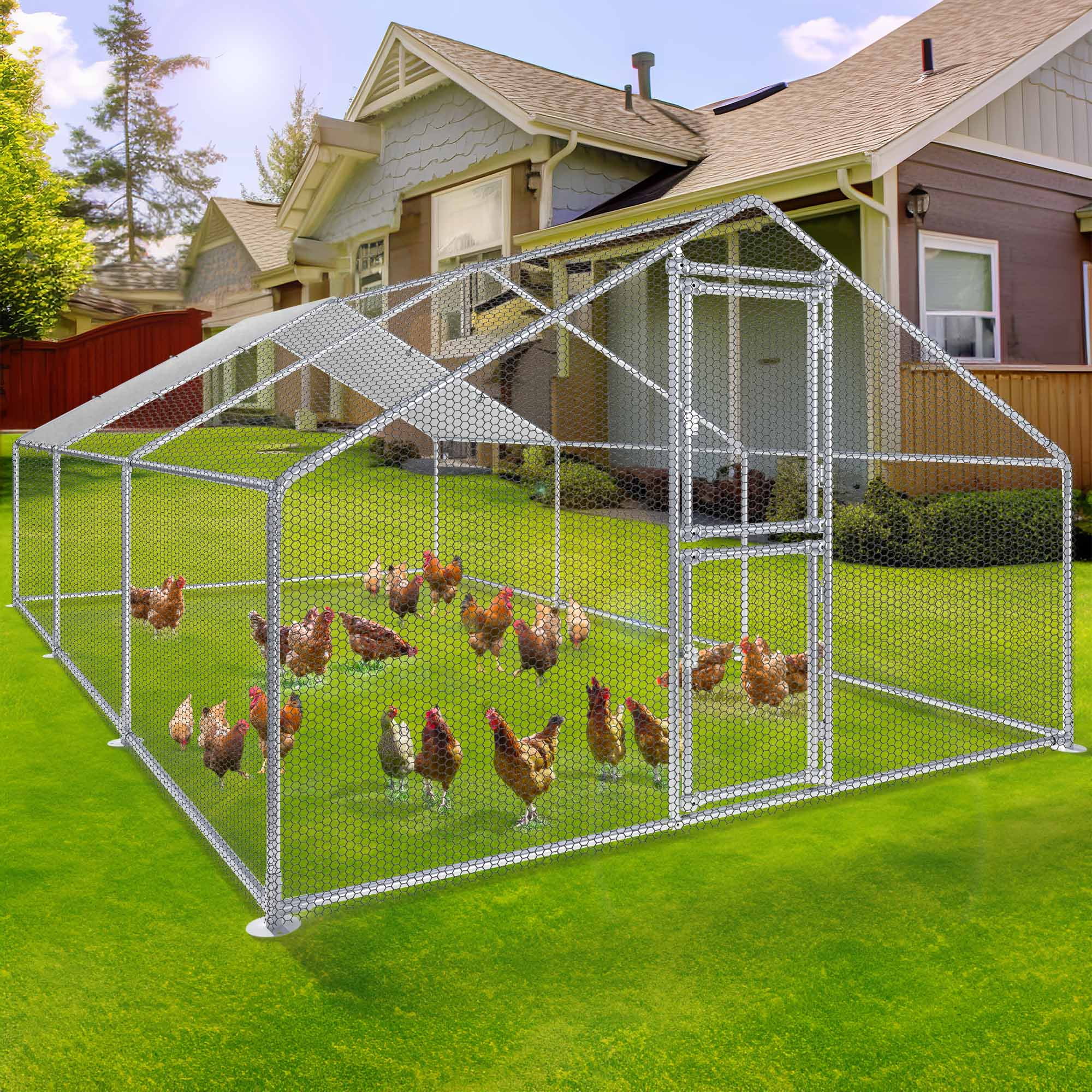 Dextrus Extra Large Metal Chicken Coop Walkin Poultry Cage Hen Run House Rabbits Habitat Cage Spire Shaped Coops - 19.7 x 9.8 x 6.4 ft