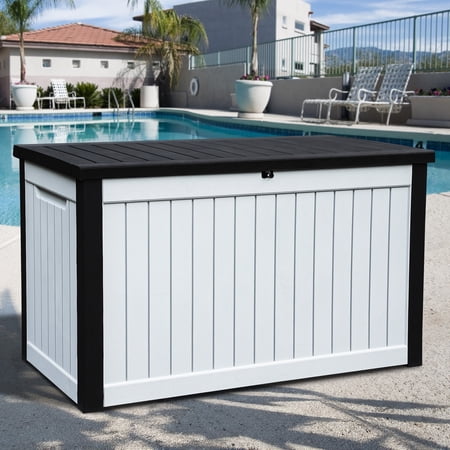 Dextrus Extra Large Outdoor Deck Box - 230 Gallon Capacity for Outdoor Furniture, Gardening Tools, and Sporting/Pools Gear - Durable Weather Resistant Resin, Secure Locking System (Black&White1)