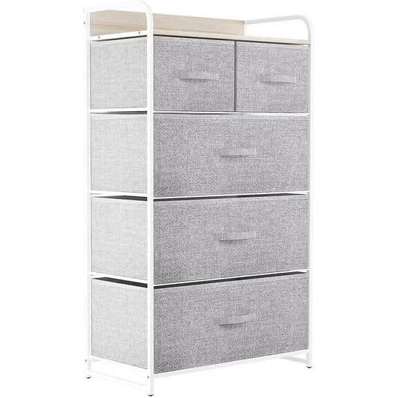 Dextrus Fabric Dresser with 5 Drawers - Storage Tower with Large Capacity, Organizer Unit for Bedroom, Living Room & Closets - Sturdy Steel Frame, Wooden Top & Easy Pull Fabric Bins (Light Grey)