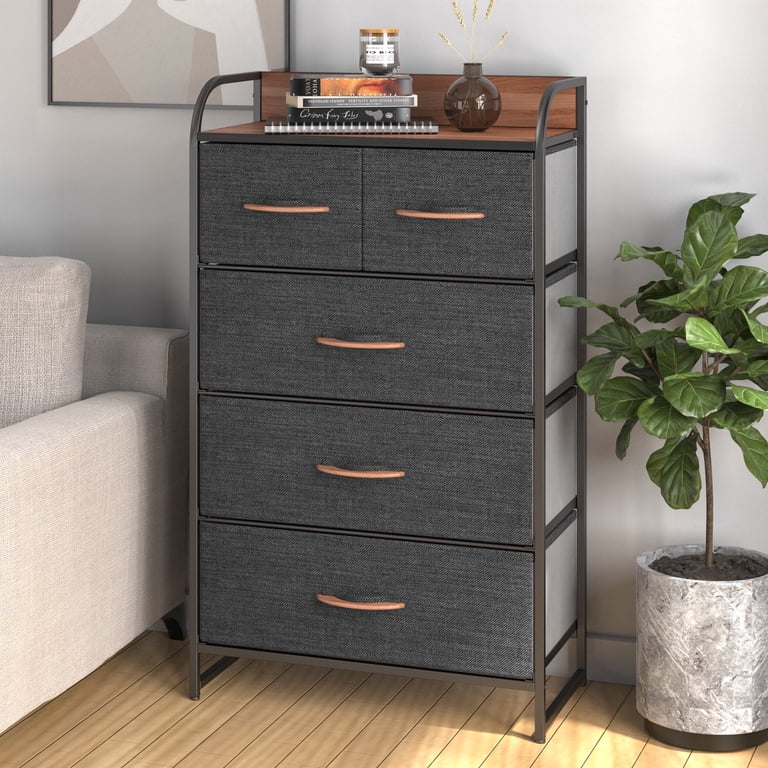 DEXTRUS 5-Drawer Fabric Dresser for Adults, Storage Tower with Wood Top & Easy Pull Bins, Cool Gray