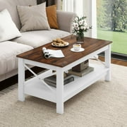 Dextrus Farmhouse 2-Tier Rectangular Wood Coffee Table, Brown/White