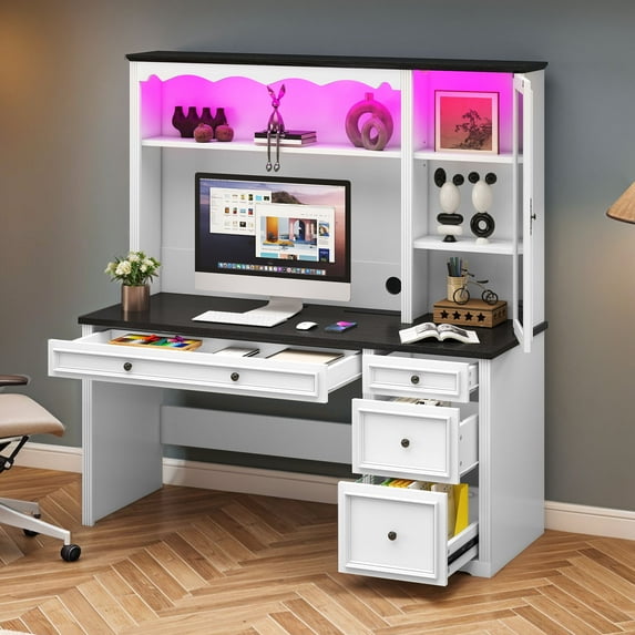 Dextrus Farmhouse 51" Computer Desk with Hutch, Executive Desk with LED Lights &Storage Cabinet, White