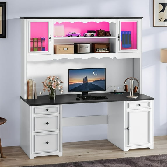 Dextrus Farmhouse 61" Computer Desk with Hutch, Executive Desk with LED Lights &Storage Cabinet, White