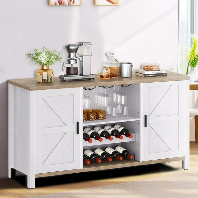Dextrus Farmhouse Bar with Glass & Wine Rack, Liquor Sideboard