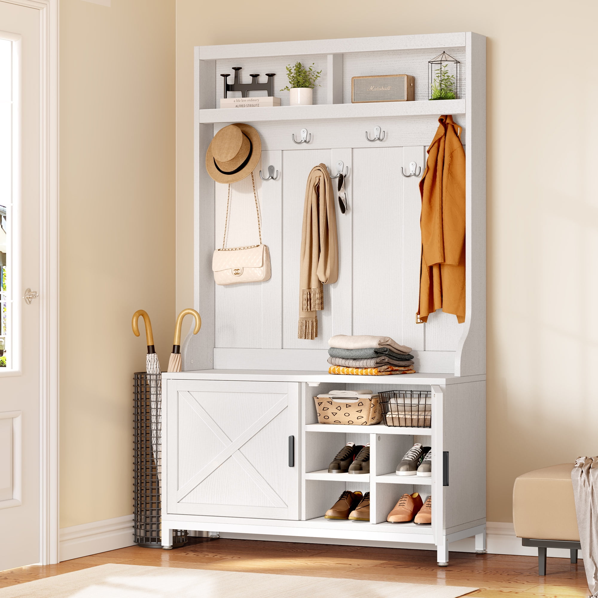 Dextrus Farmhouse Coat Rack with 14 Hooks 4 in 1 Hall Tree with Storage Bench Coat Hanger White