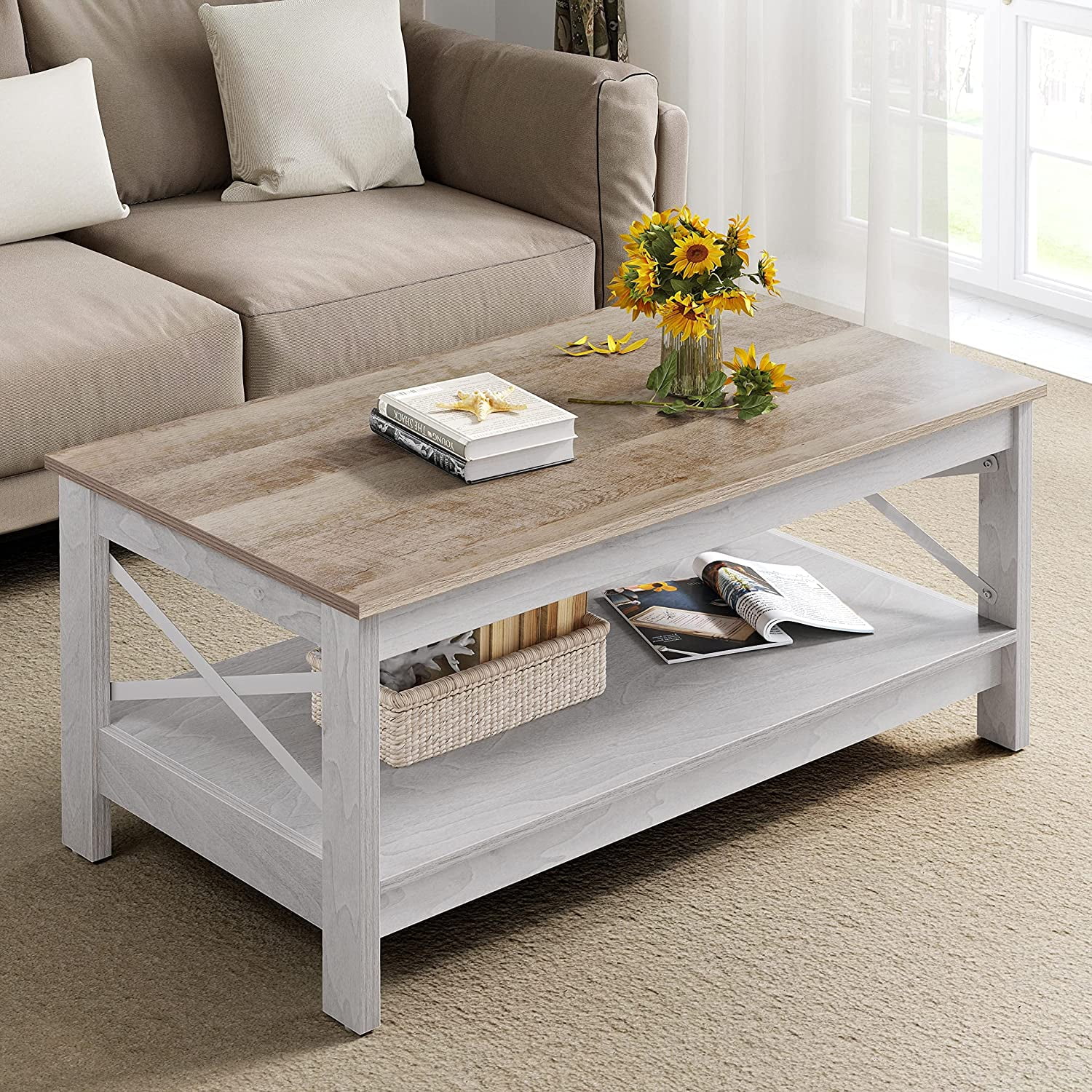 Dextrus Farmhouse Coffee Table 2 Tier Wood Center Table with Storage Shelf for Living Room Gray 39.7